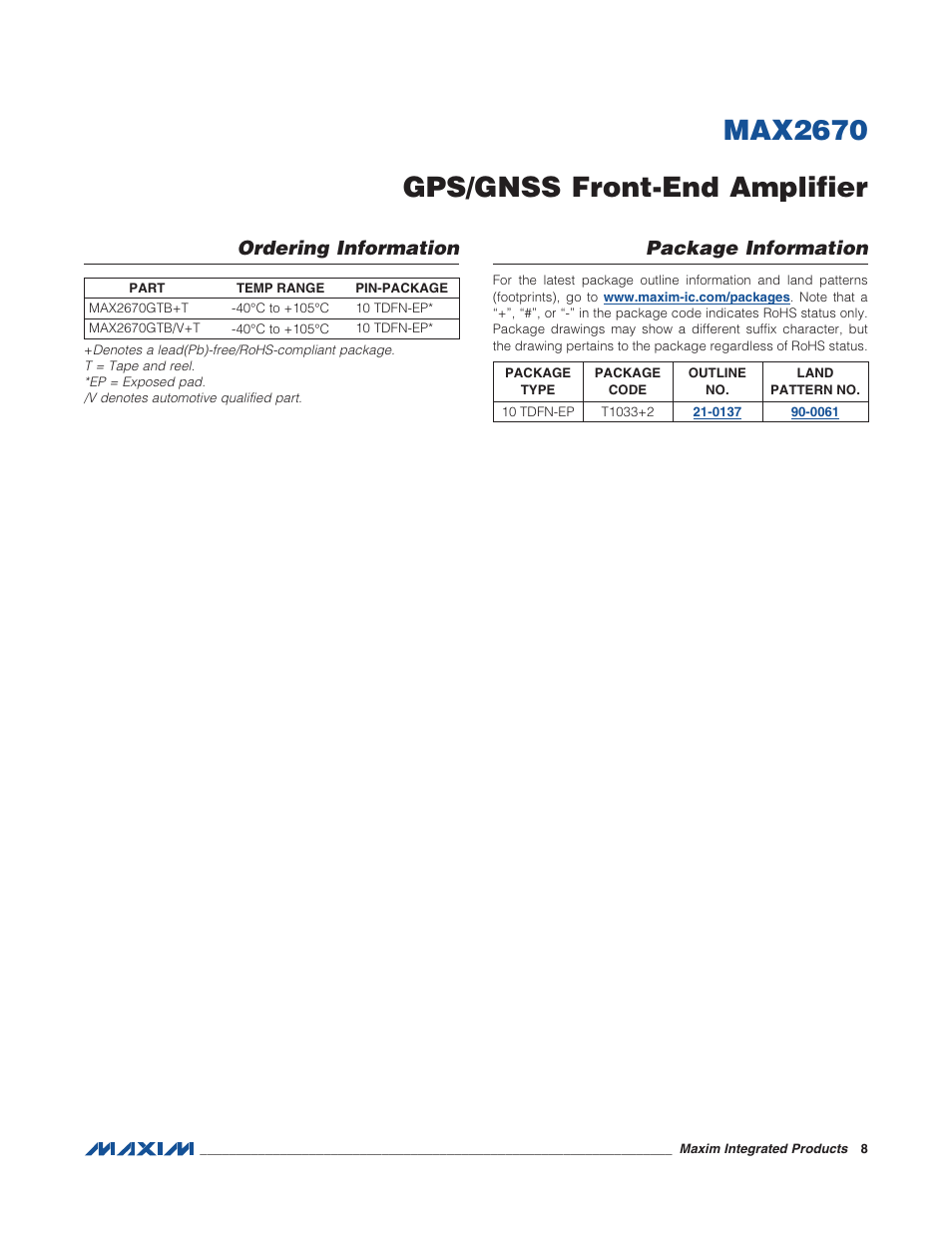 Max2670 gps/gnss front-end amplifier, Ordering information, Package information | Rainbow Electronics MAX2670 User Manual | Page 8 / 9