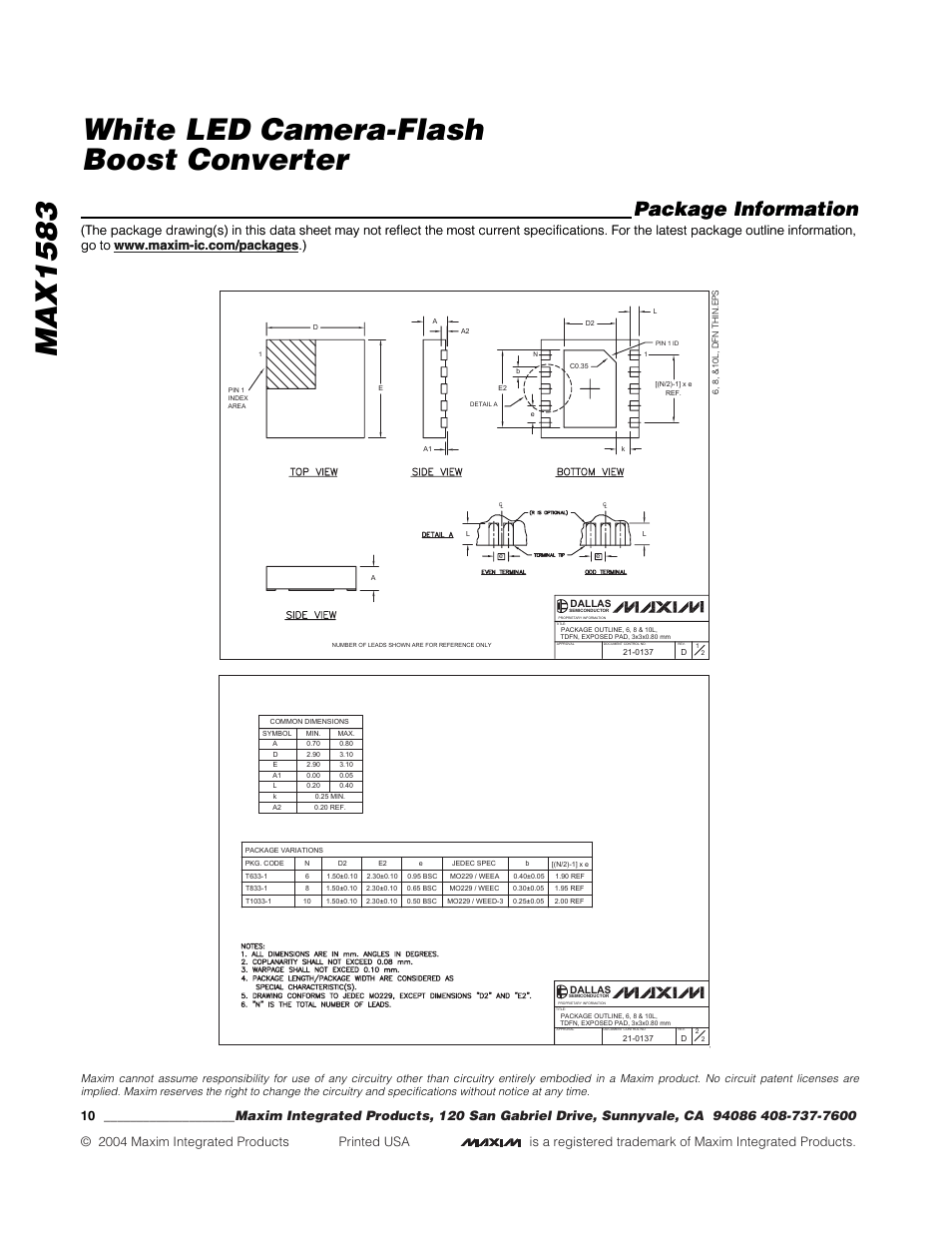 Max1583 white led camera-flash boost converter, Package information | Rainbow Electronics MAX1583 User Manual | Page 10 / 10