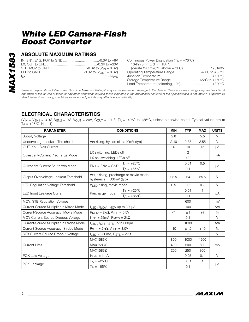 Max1583 white led camera-flash boost converter | Rainbow Electronics MAX1583 User Manual | Page 2 / 10