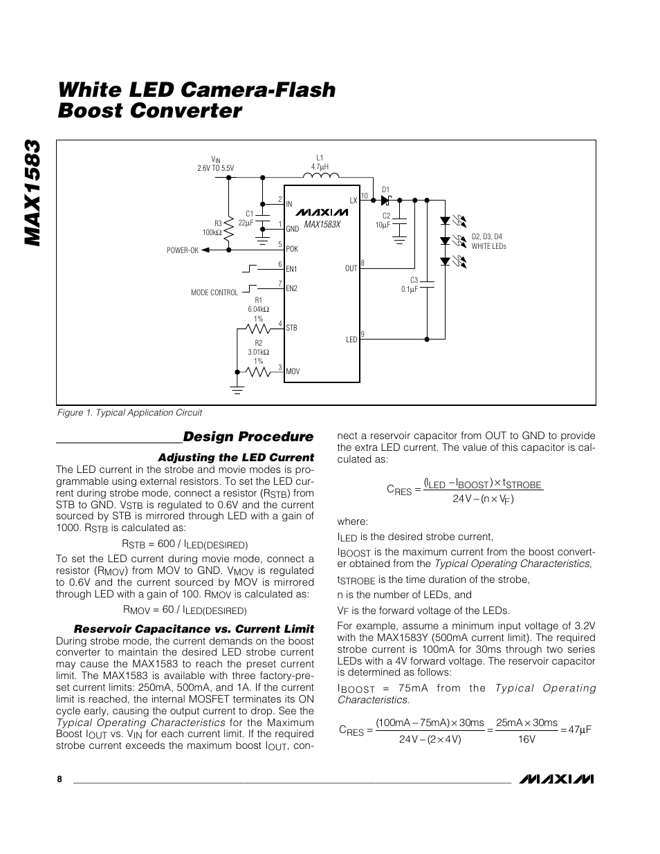 Max1583 white led camera-flash boost converter, Design procedure | Rainbow Electronics MAX1583 User Manual | Page 8 / 10