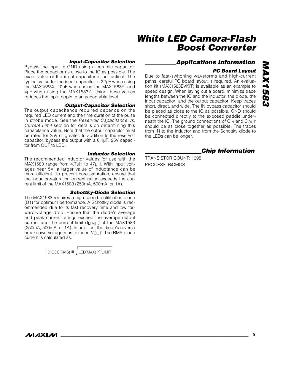 Max1583 white led camera-flash boost converter, Applications information, Chip information | Rainbow Electronics MAX1583 User Manual | Page 9 / 10