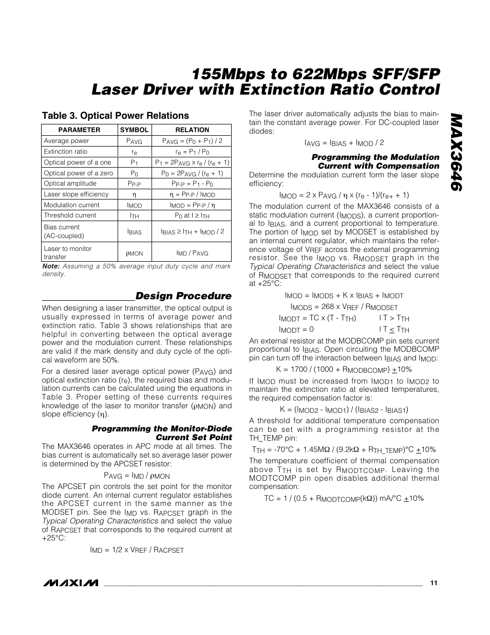 Design procedure, Table 3. optical power relations | Rainbow Electronics MAX3646 User Manual | Page 11 / 14