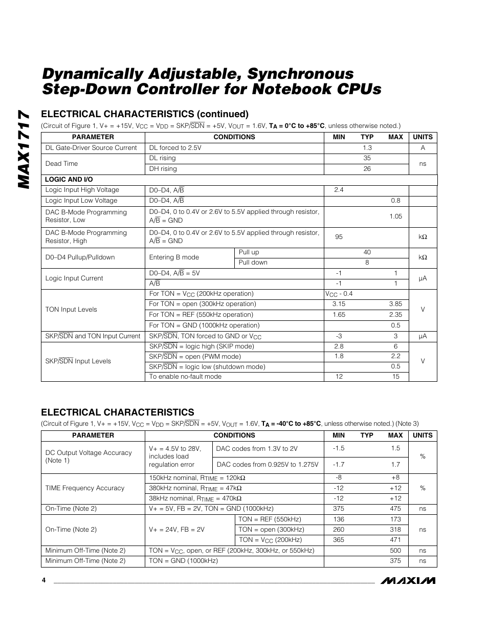 Electrical characteristics (continued), Electrical characteristics | Rainbow Electronics MAX1717 User Manual | Page 4 / 33