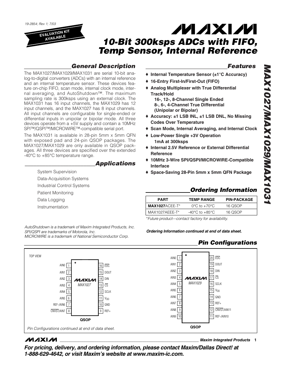 Rainbow Electronics MAX1031 User Manual | 24 pages