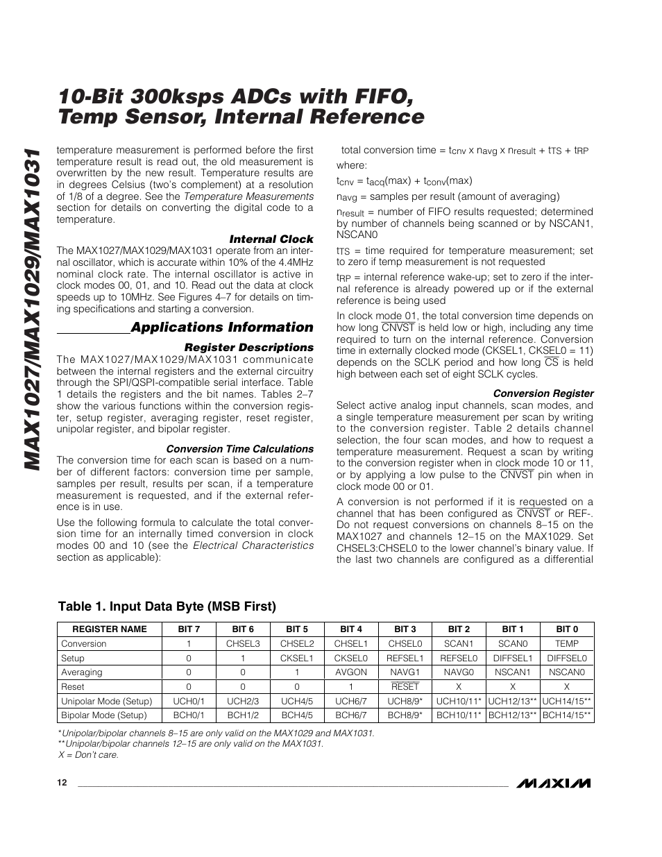 Applications information, Table 1. input data byte (msb first) | Rainbow Electronics MAX1031 User Manual | Page 12 / 24