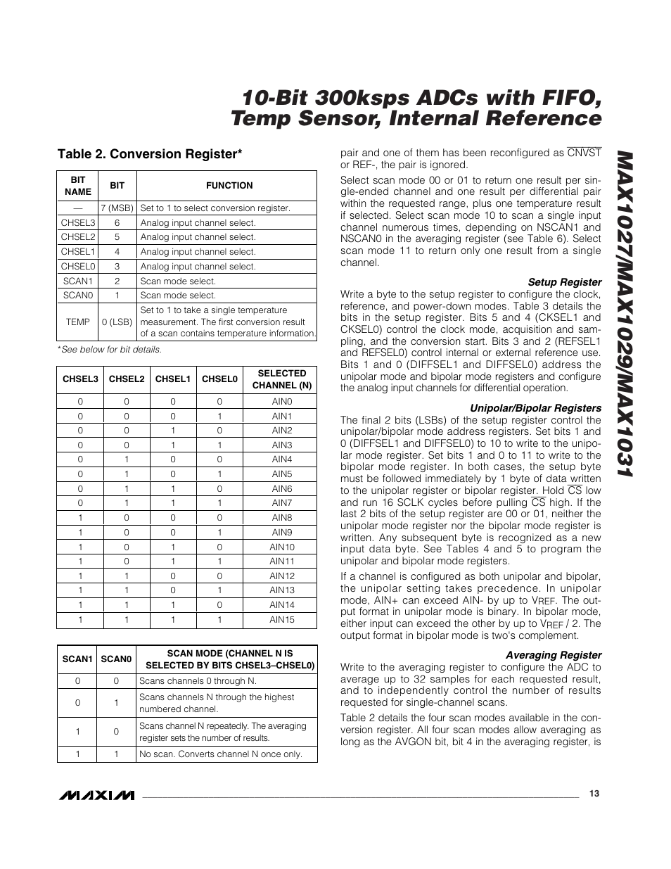 Table 2. conversion register | Rainbow Electronics MAX1031 User Manual | Page 13 / 24