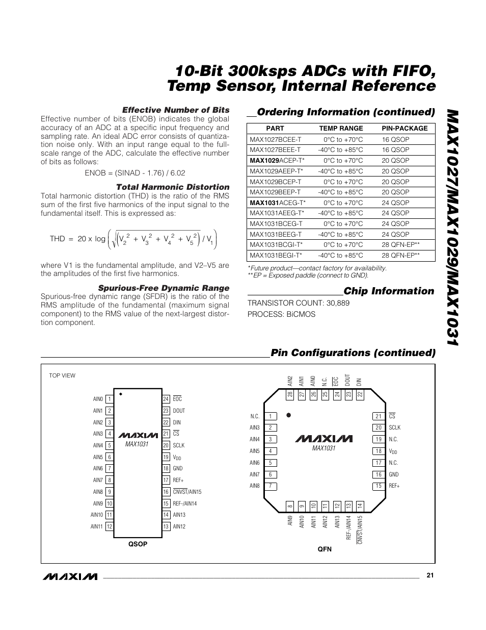 Ordering information (continued), Pin configurations (continued), Chip information | Rainbow Electronics MAX1031 User Manual | Page 21 / 24