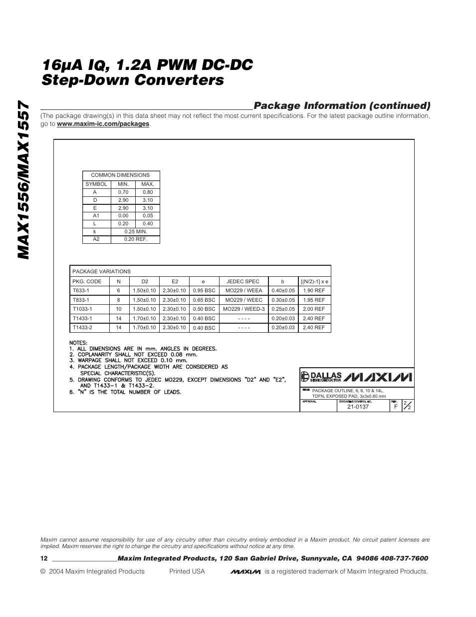 2a pwm dc-dc step-down converters, Package information (continued) | Rainbow Electronics MAX1557 User Manual | Page 12 / 12