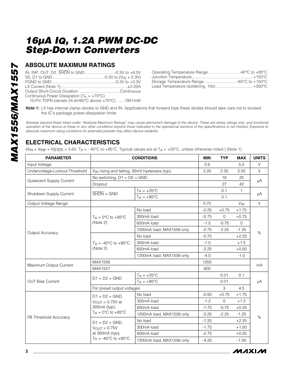 2a pwm dc-dc step-down converters | Rainbow Electronics MAX1557 User Manual | Page 2 / 12