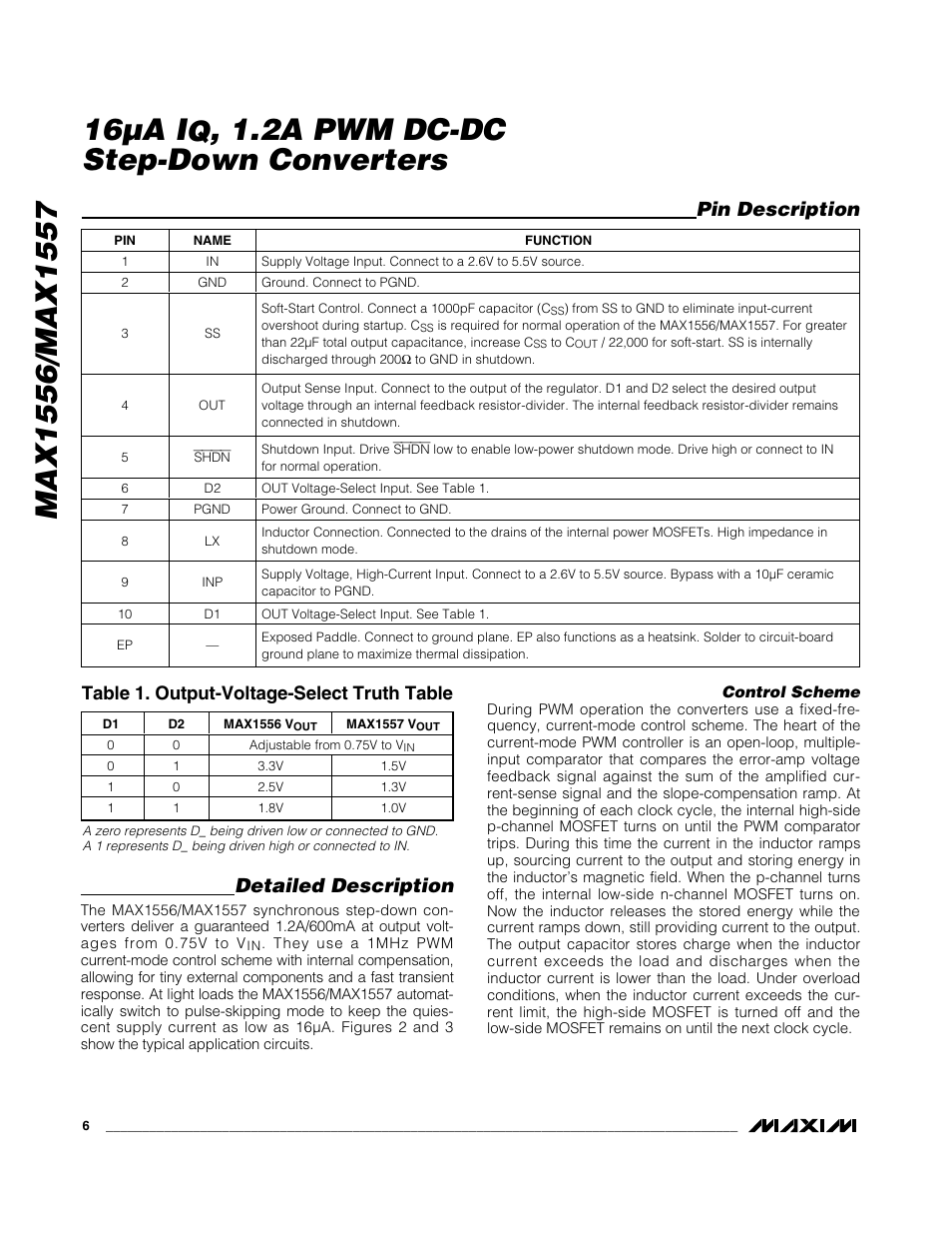 2a pwm dc-dc step-down converters, Detailed description, Pin description | Table 1. output-voltage-select truth table | Rainbow Electronics MAX1557 User Manual | Page 6 / 12