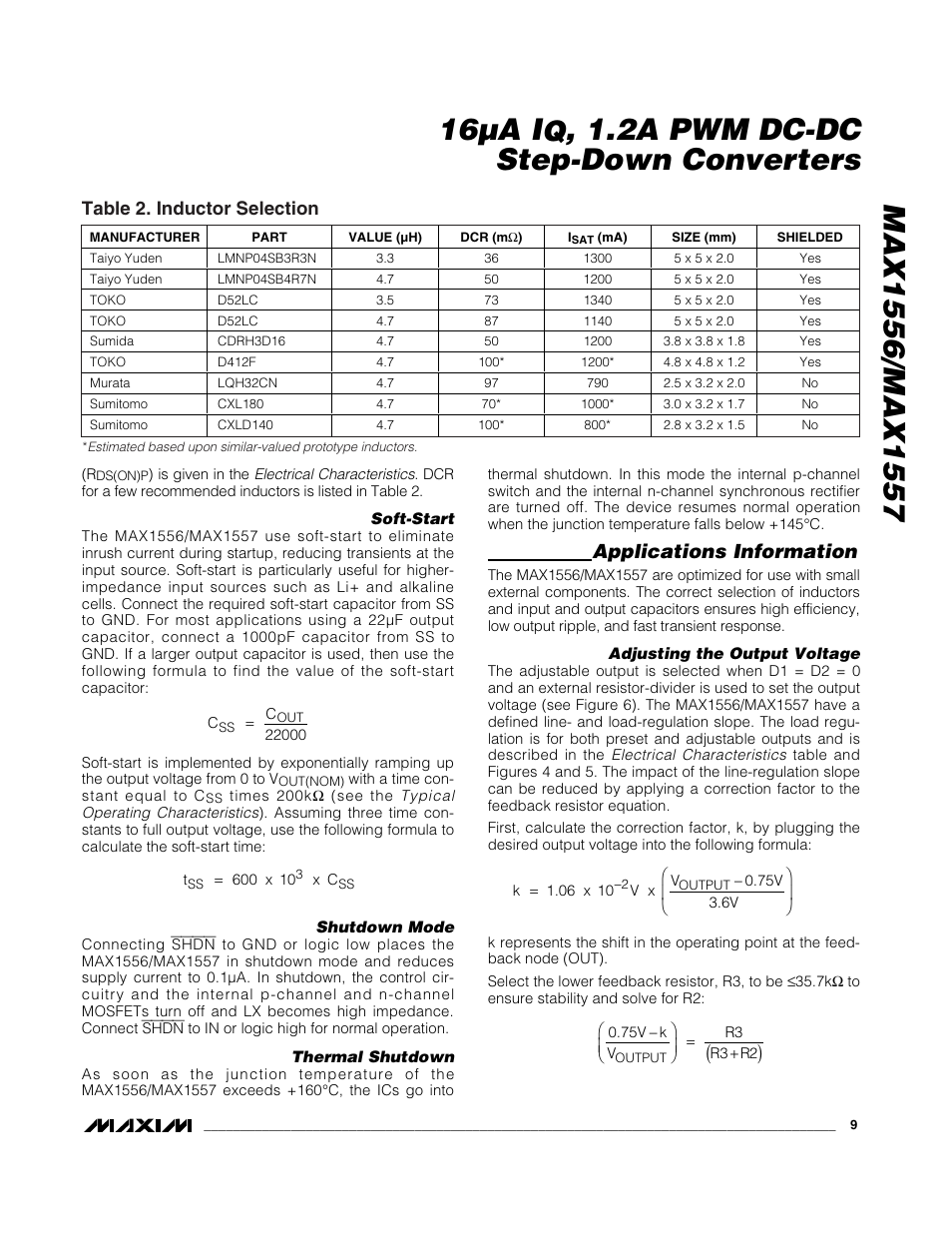 2a pwm dc-dc step-down converters, Applications information, Table 2. inductor selection | Rainbow Electronics MAX1557 User Manual | Page 9 / 12