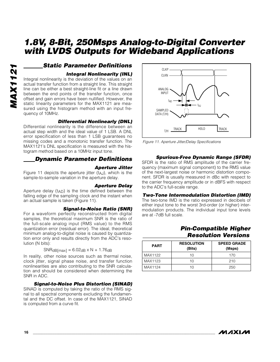 Max1121, Static parameter definitions, Dynamic parameter definitions | Pin-compatible higher resolution versions | Rainbow Electronics MAX1121 User Manual | Page 16 / 17