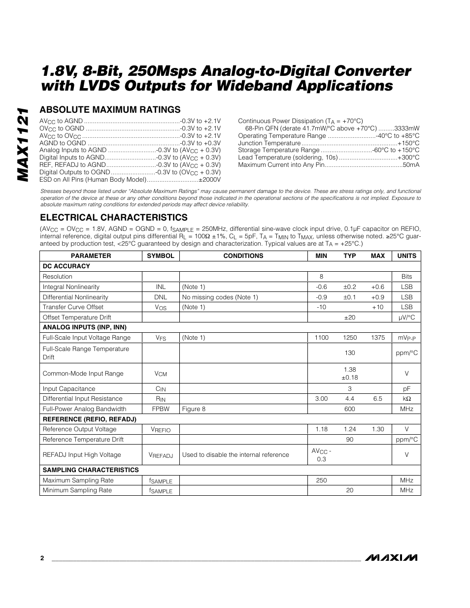 Absolute maximum ratings, Electrical characteristics | Rainbow Electronics MAX1121 User Manual | Page 2 / 17