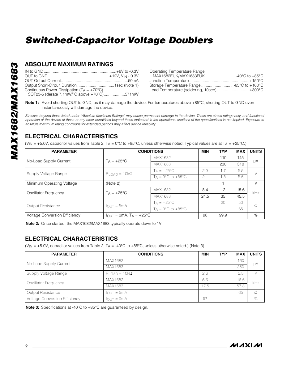 Electrical characteristics | Rainbow Electronics MAX1683 User Manual | Page 2 / 8