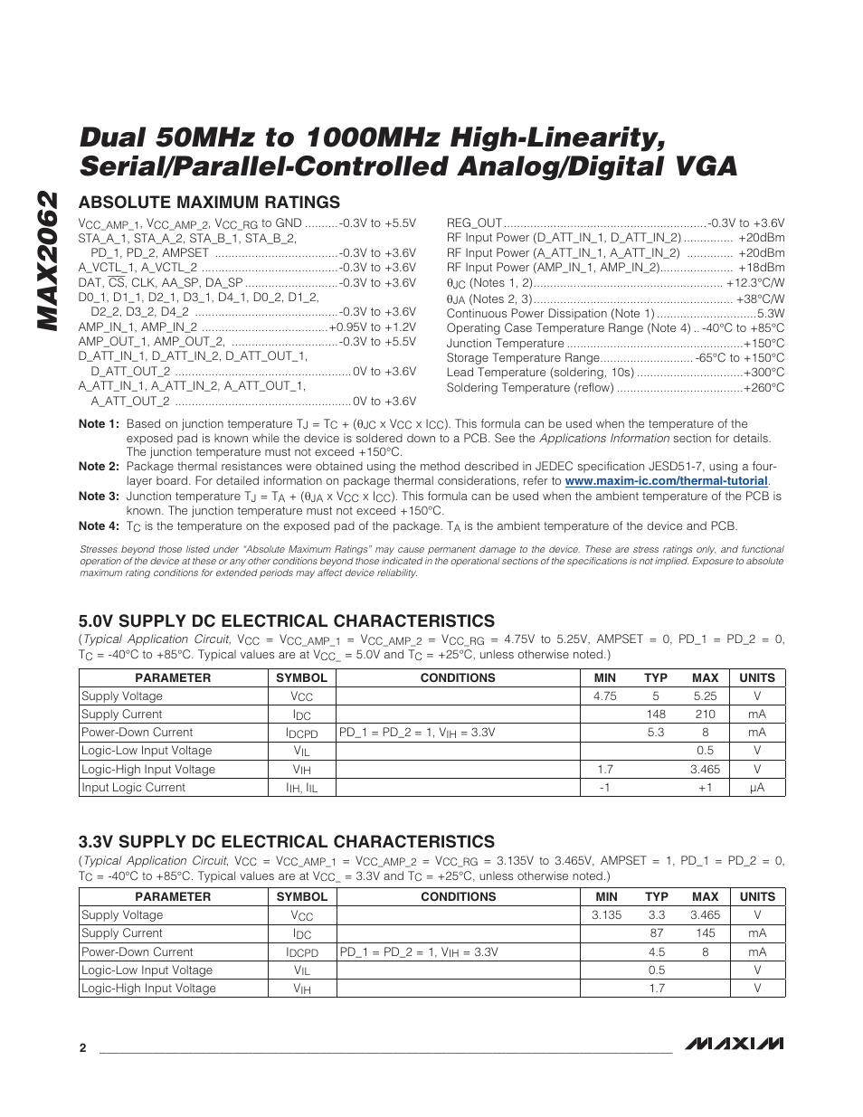 0v supply dc electrical characteristics, 3v supply dc electrical characteristics, Absolute maximum ratings | Rainbow Electronics MAX2062 User Manual | Page 2 / 24