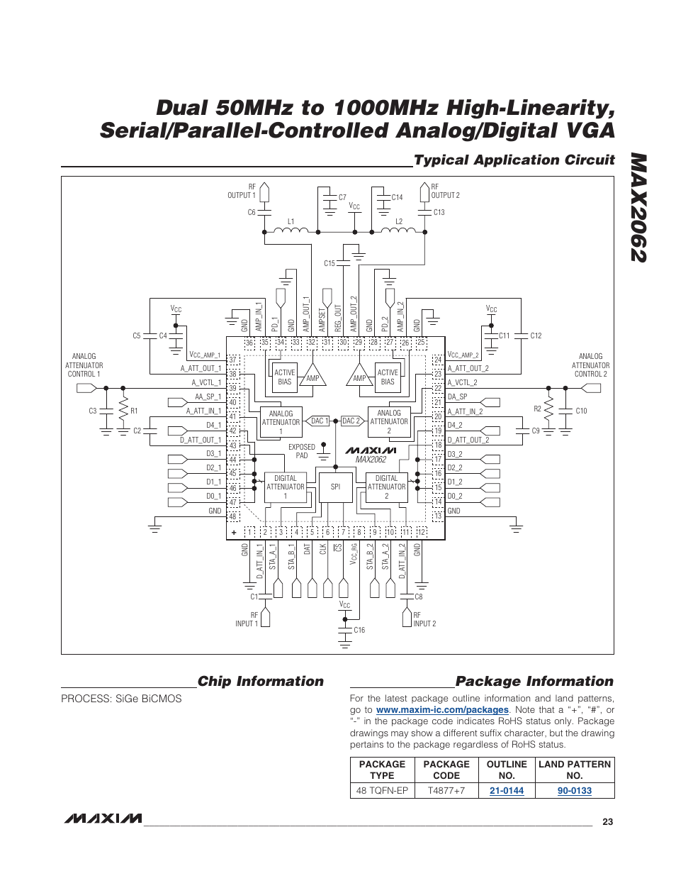 Typical application circuit chip information, Package information | Rainbow Electronics MAX2062 User Manual | Page 23 / 24