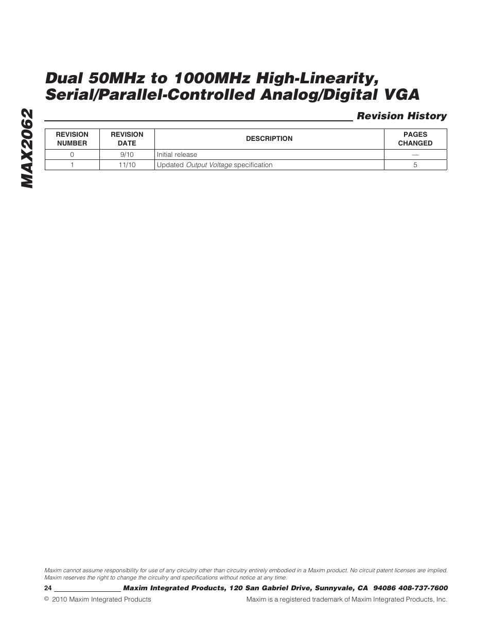 Revision history | Rainbow Electronics MAX2062 User Manual | Page 24 / 24