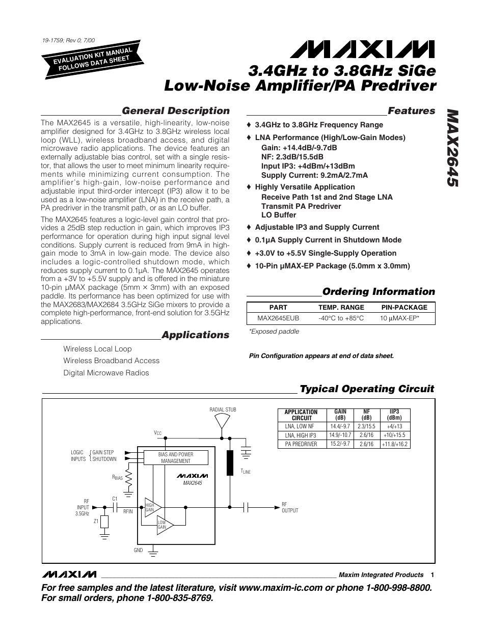 Rainbow Electronics MAX2645 User Manual | 12 pages