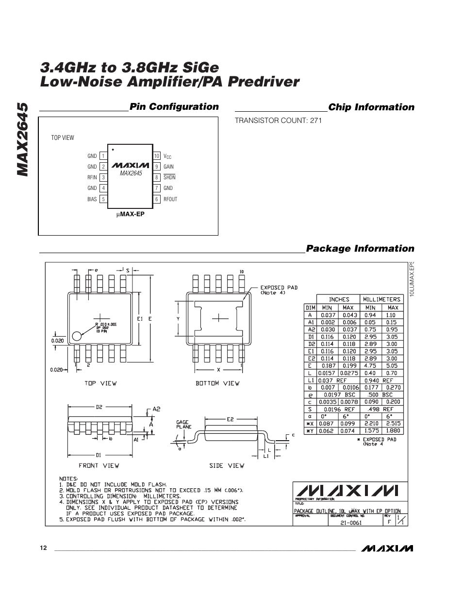 Pin configuration chip information, Package information | Rainbow Electronics MAX2645 User Manual | Page 12 / 12