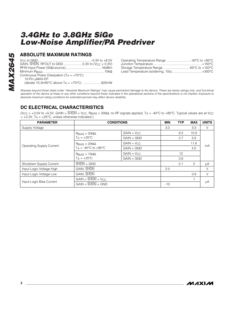 Absolute maximum ratings, Dc electrical characteristics | Rainbow Electronics MAX2645 User Manual | Page 2 / 12