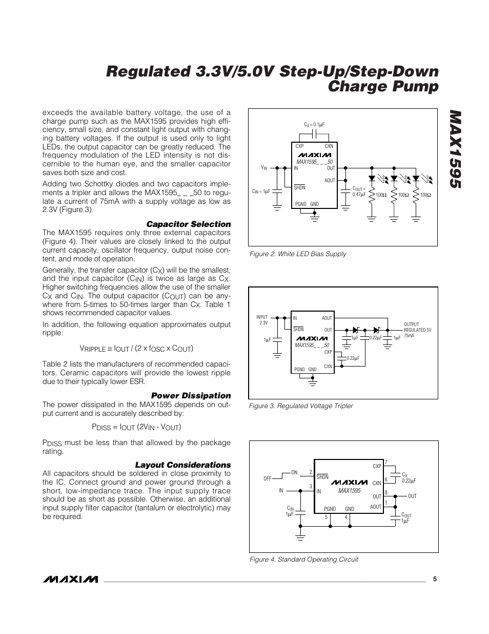 Capacitor selection, Power dissipation, Layout considerations | Rainbow Electronics MAX1595 User Manual | Page 5 / 8