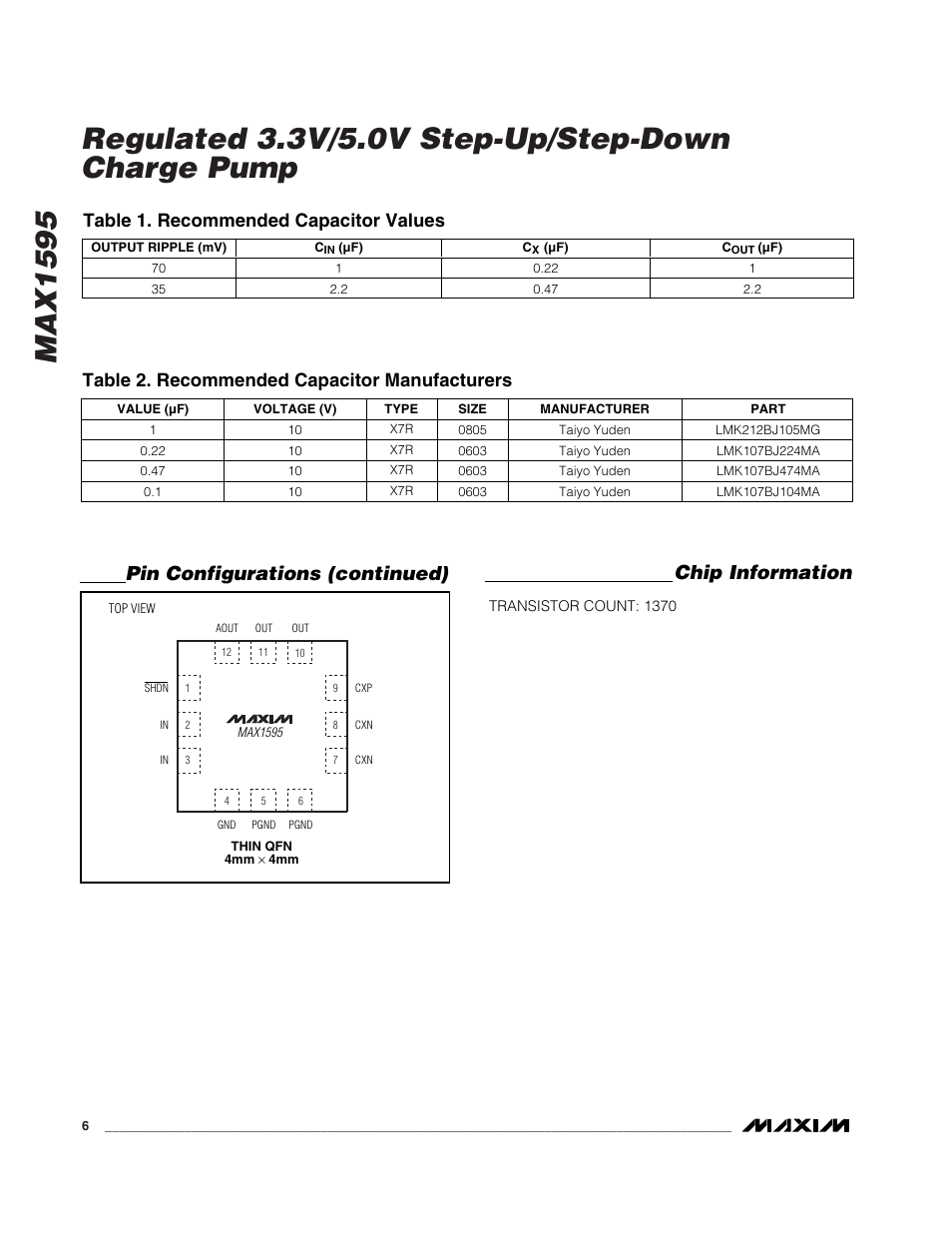 Chip information, Pin configurations (continued), Table 2. recommended capacitor manufacturers | Table 1. recommended capacitor values | Rainbow Electronics MAX1595 User Manual | Page 6 / 8