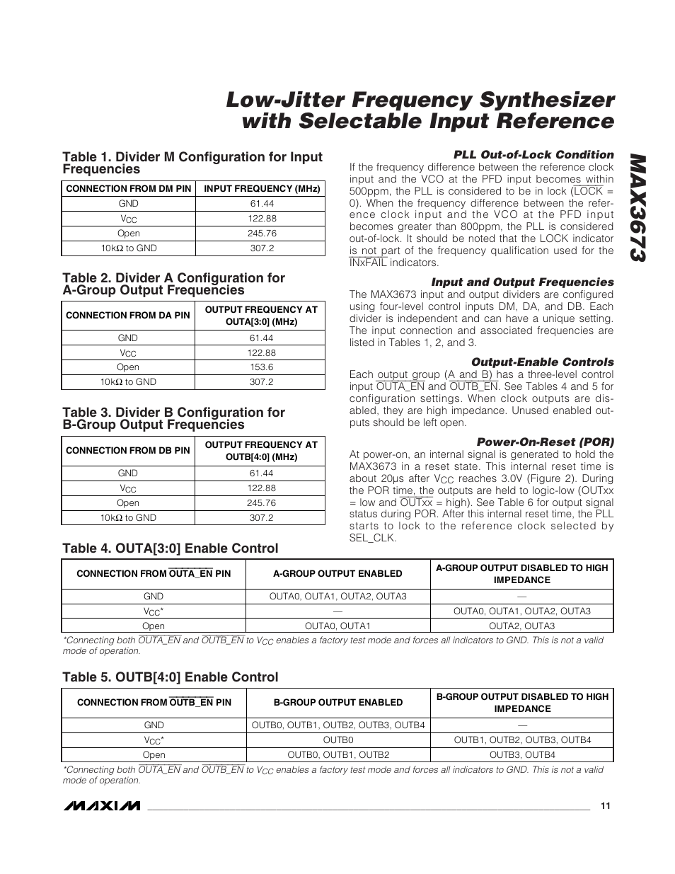 Table 4. outa[3:0] enable control, Table 5. outb[4:0] enable control | Rainbow Electronics MAX3673 User Manual | Page 11 / 16