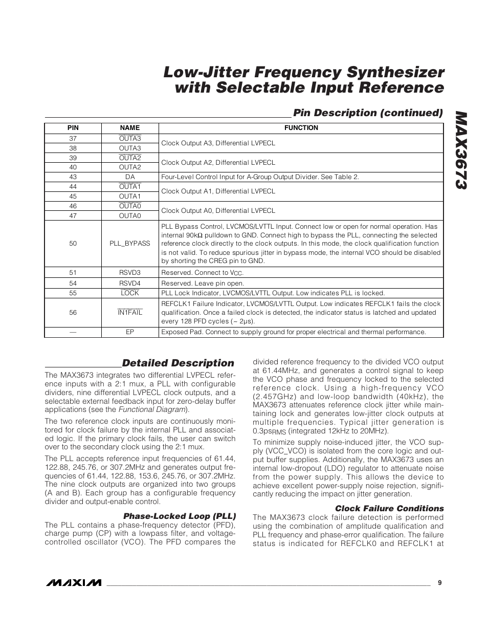 Pin description (continued), Detailed description | Rainbow Electronics MAX3673 User Manual | Page 9 / 16