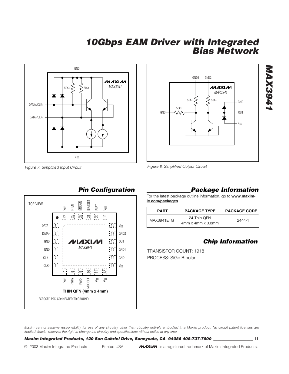 Package information, Pin configuration chip information | Rainbow Electronics MAX3941 User Manual | Page 11 / 11