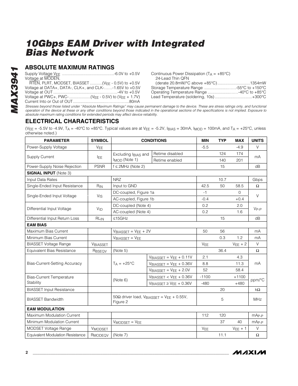 Absolute maximum ratings, Electrical characteristics | Rainbow Electronics MAX3941 User Manual | Page 2 / 11