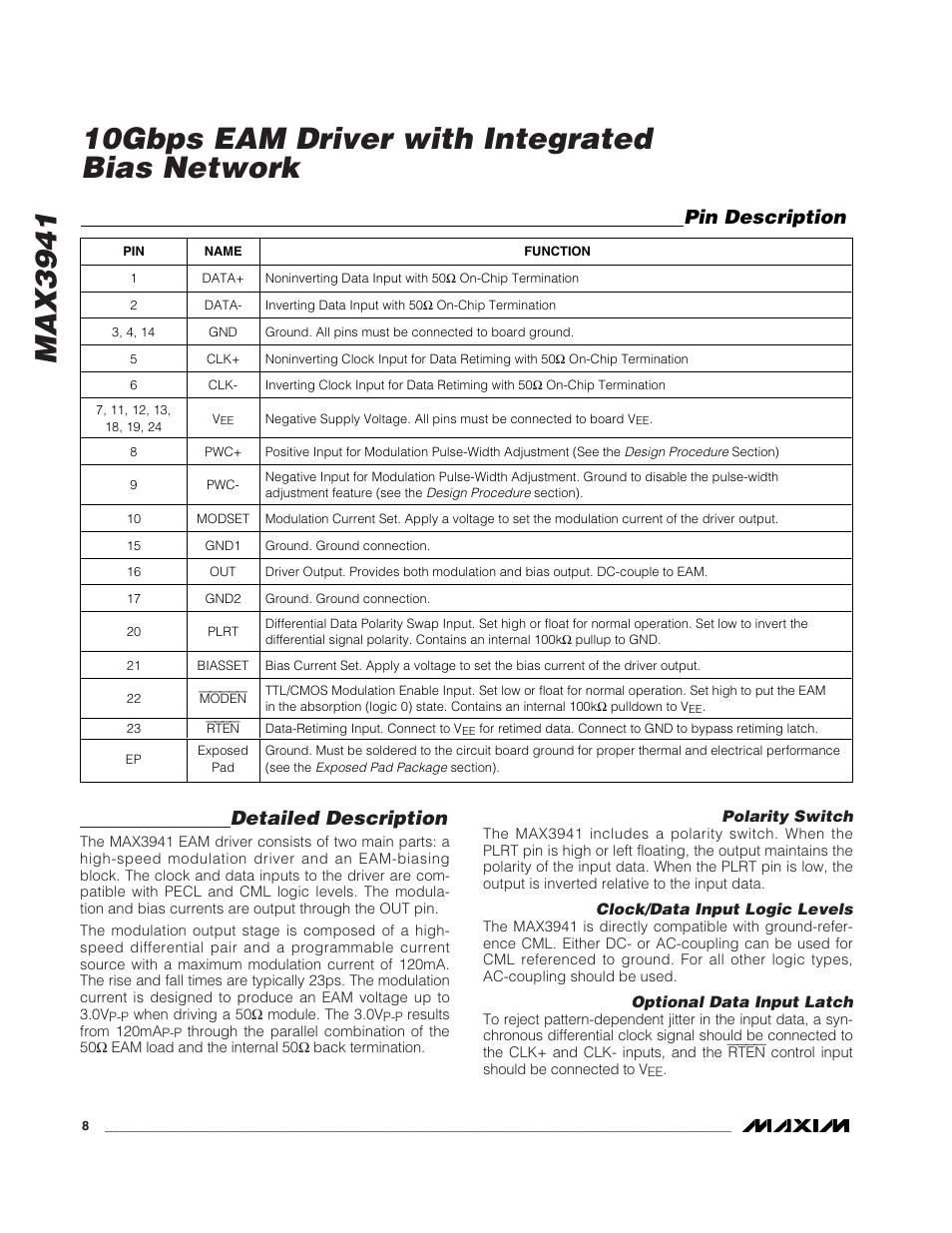 Max3941, 10gbps eam driver with integrated bias network, Detailed description | Pin description | Rainbow Electronics MAX3941 User Manual | Page 8 / 11