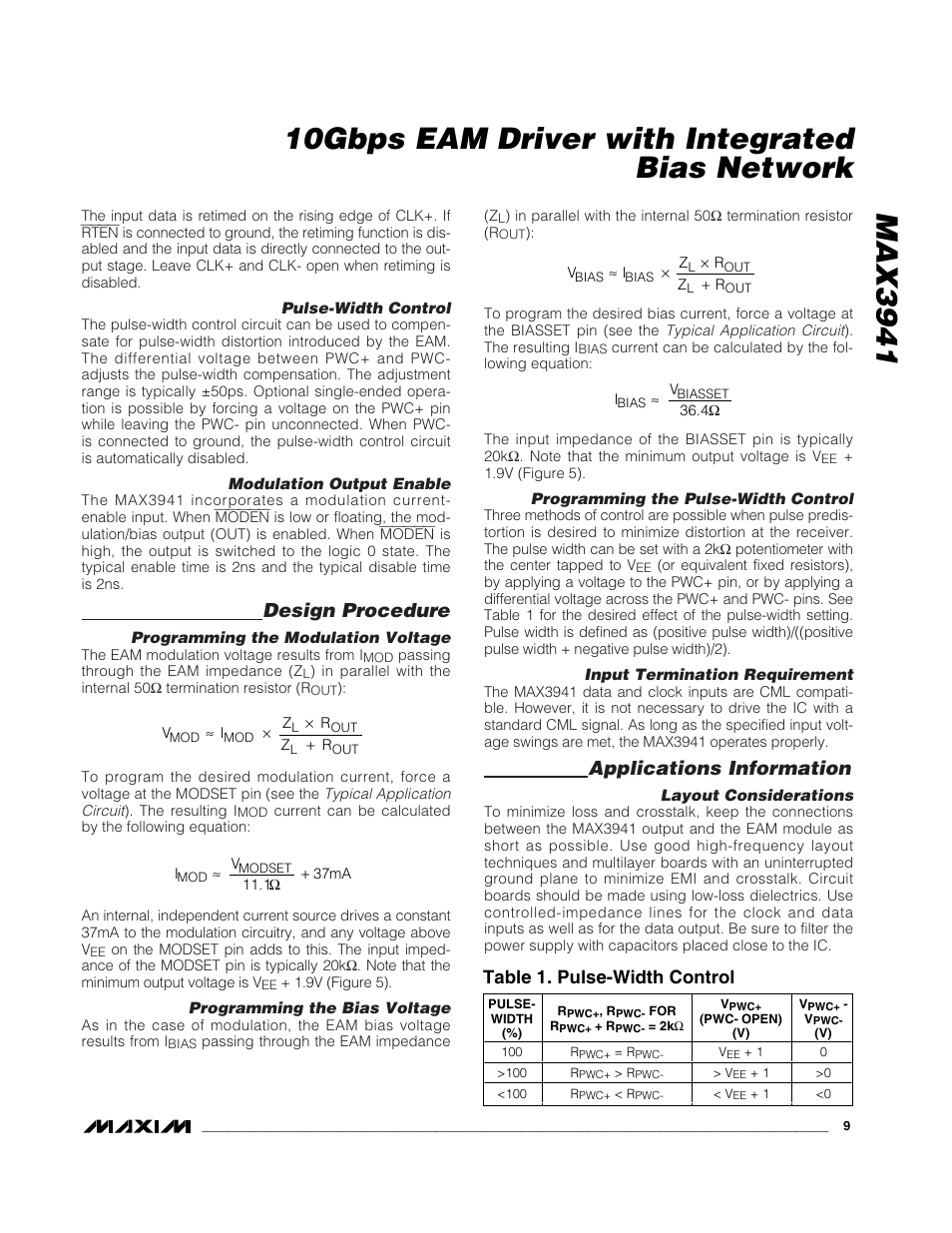 Design procedure, Applications information, Table 1. pulse-width control | Rainbow Electronics MAX3941 User Manual | Page 9 / 11