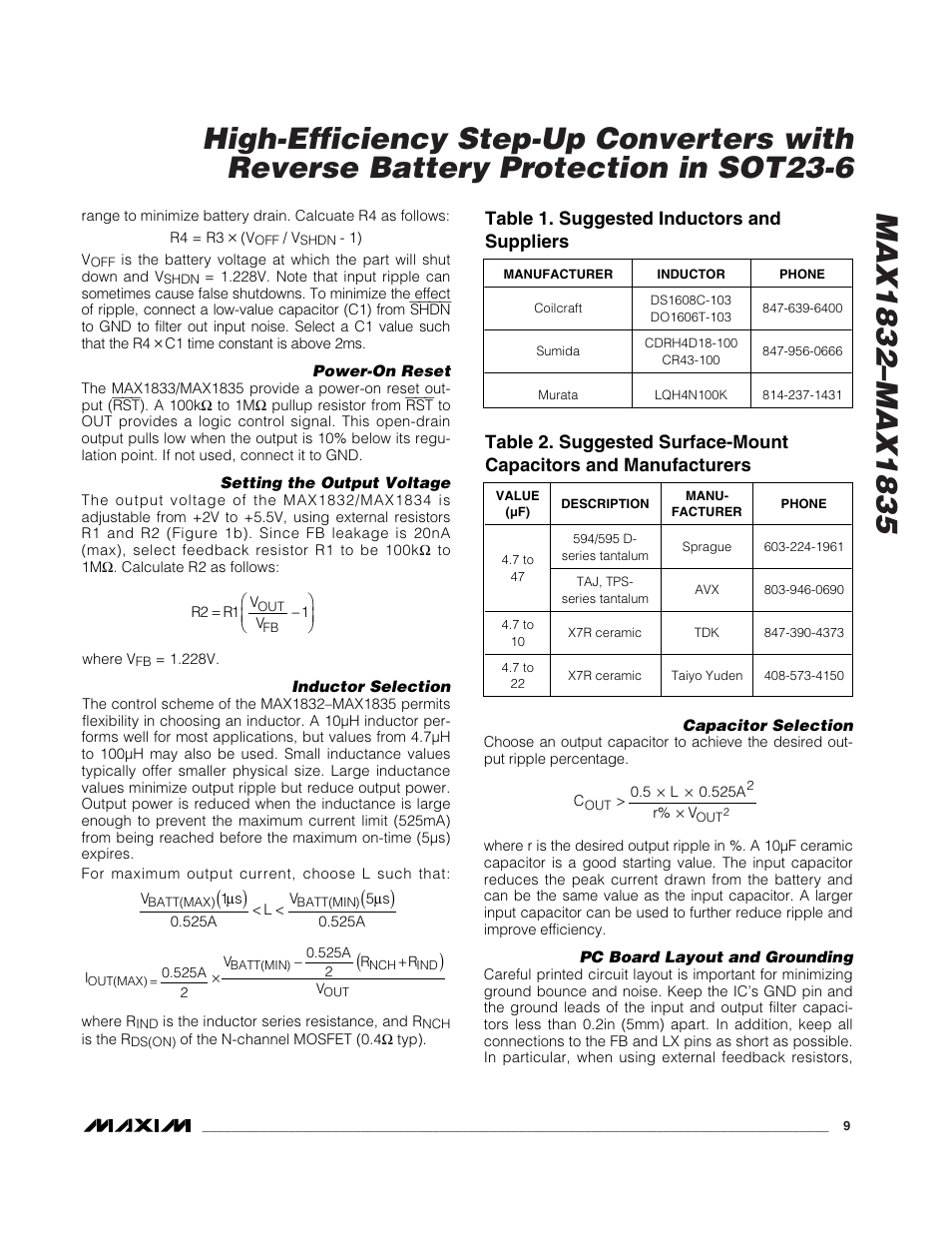 Table 1. suggested inductors and suppliers | Rainbow Electronics MAX1835 User Manual | Page 9 / 10