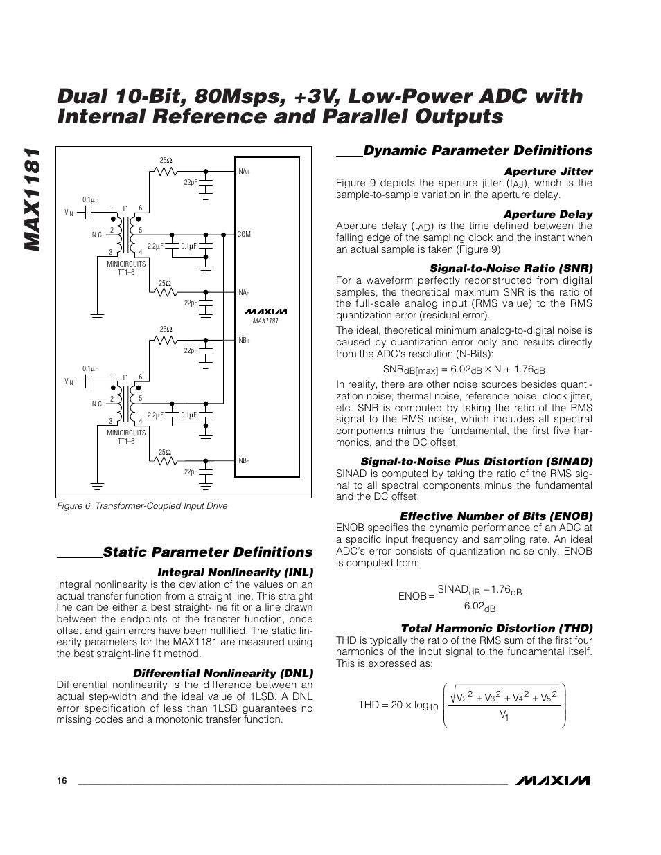 Static parameter definitions, Dynamic parameter definitions | Rainbow Electronics MAX1181 User Manual | Page 16 / 19