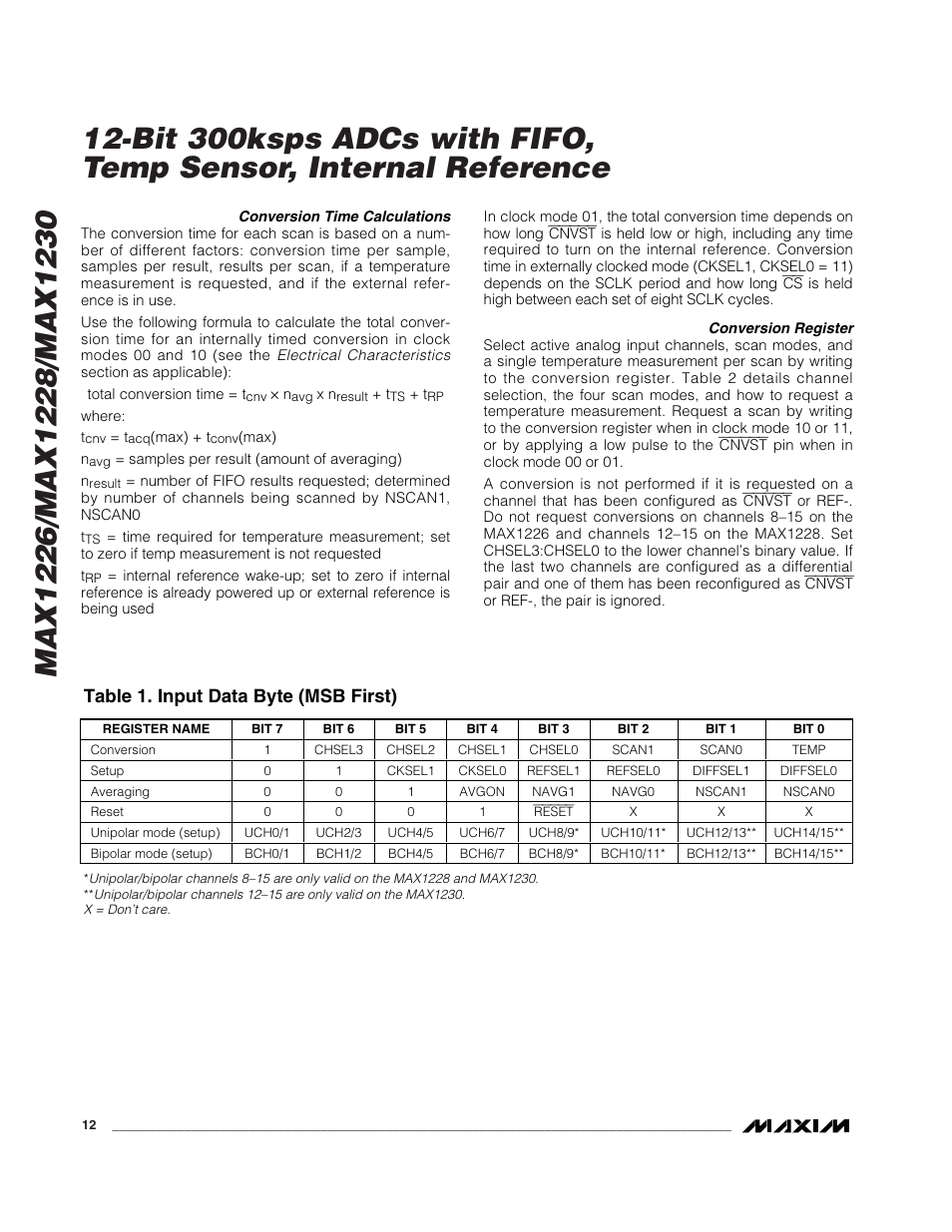 Table 1. input data byte (msb first) | Rainbow Electronics MAX1230 User Manual | Page 12 / 24