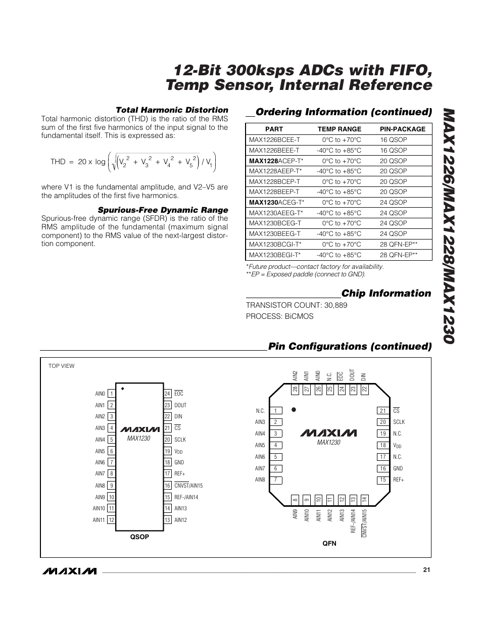 Pin configurations (continued), Chip information, Ordering information (continued) | Rainbow Electronics MAX1230 User Manual | Page 21 / 24