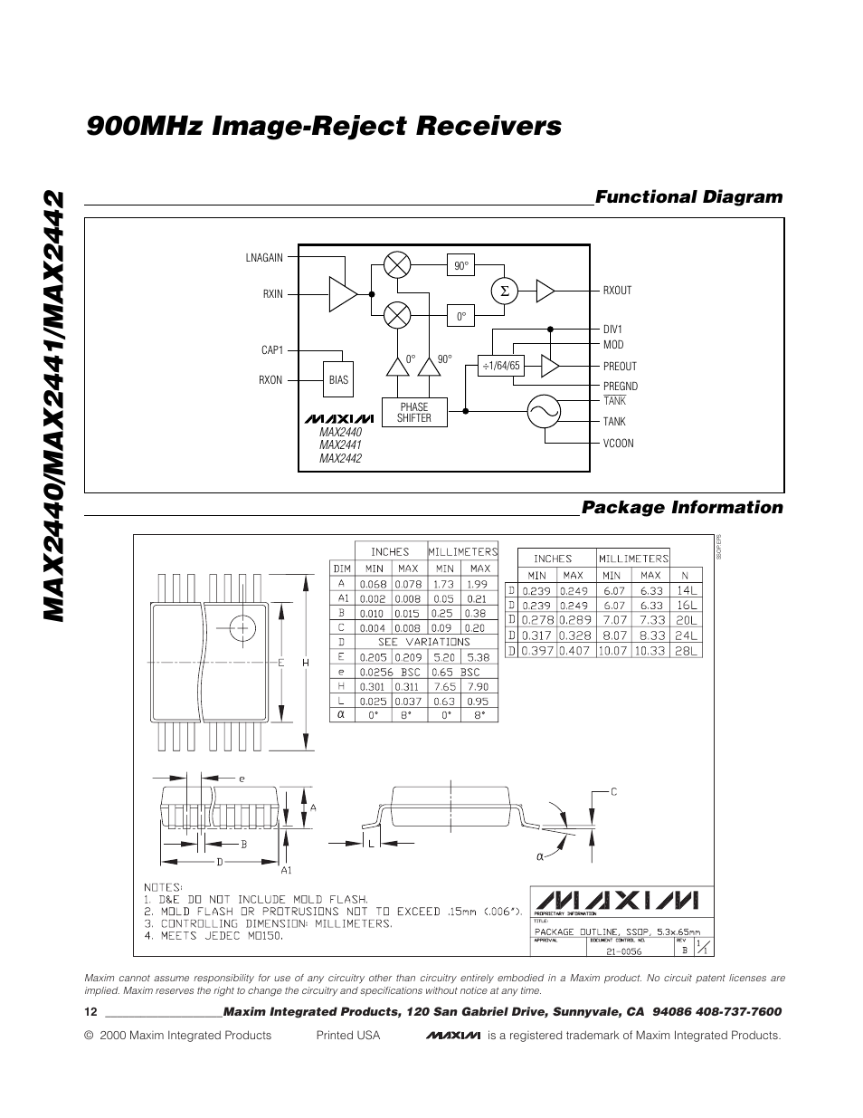 Package information, Functional diagram | Rainbow Electronics MAX2442 User Manual | Page 12 / 12