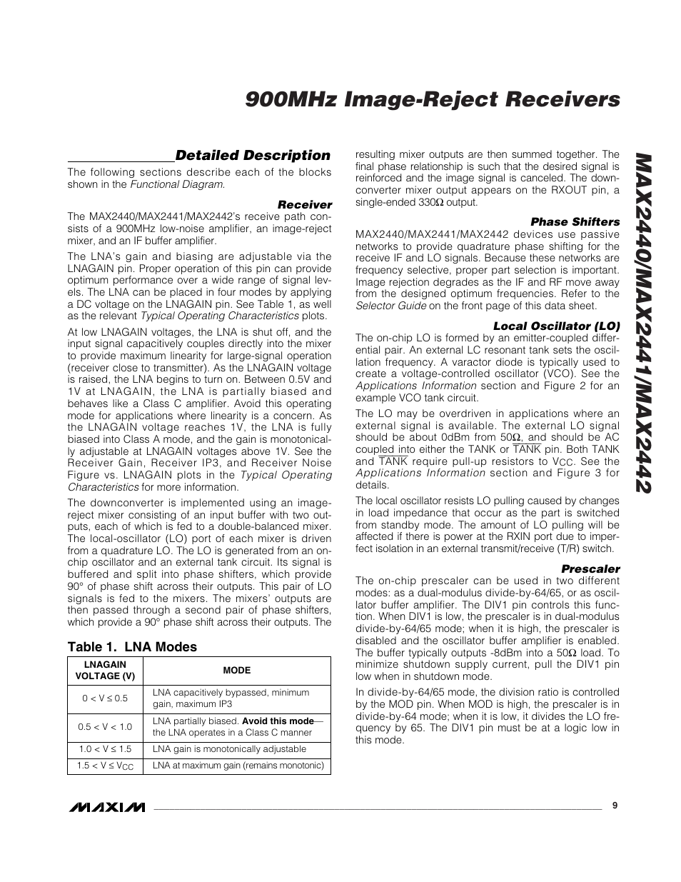 Detailed description, Table 1. lna modes | Rainbow Electronics MAX2442 User Manual | Page 9 / 12