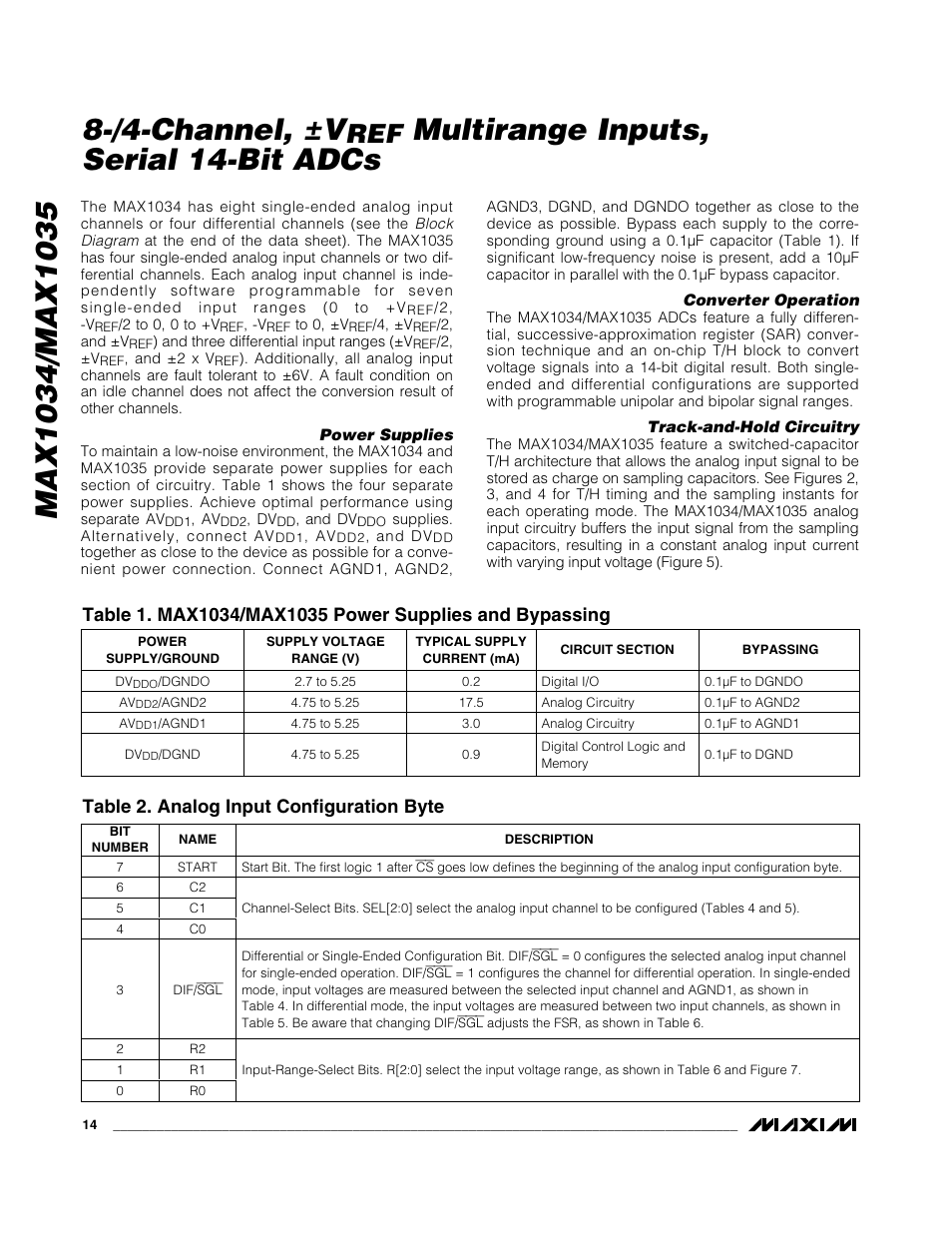 /4-channel, ±v, Multirange inputs, serial 14-bit adcs, Table 2. analog input configuration byte | Rainbow Electronics MAX1035 User Manual | Page 14 / 31