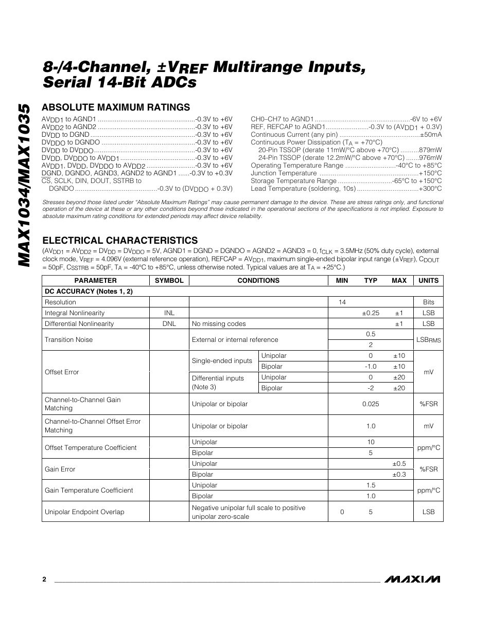 Multirange inputs, serial 14-bit adcs | Rainbow Electronics MAX1035 User Manual | Page 2 / 31