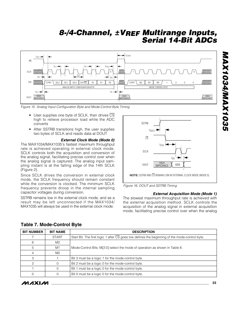 Multirange inputs, serial 14-bit adcs, Table 7. mode-control byte | Rainbow Electronics MAX1035 User Manual | Page 23 / 31