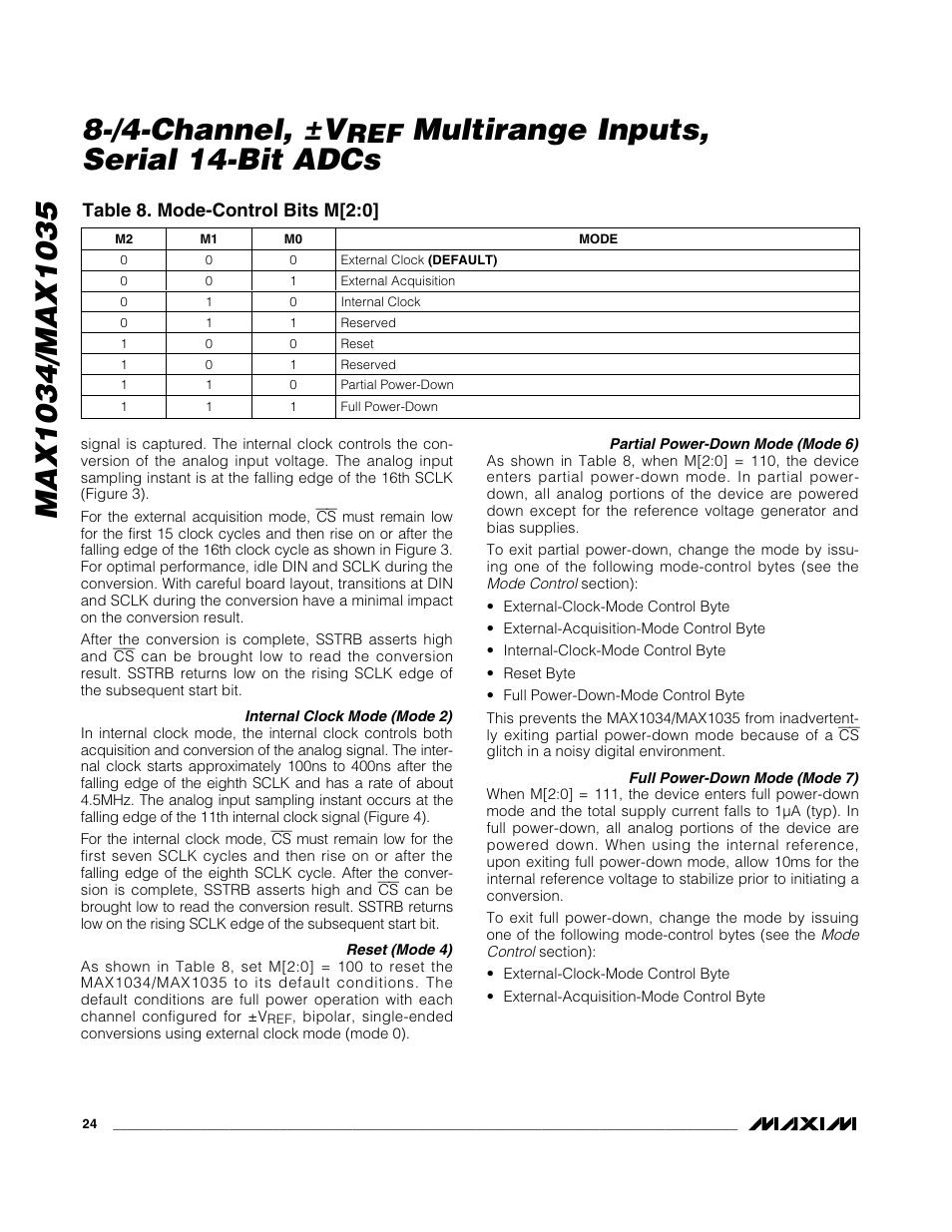 /4-channel, ±v, Multirange inputs, serial 14-bit adcs, Table 8. mode-control bits m[2:0 | Rainbow Electronics MAX1035 User Manual | Page 24 / 31