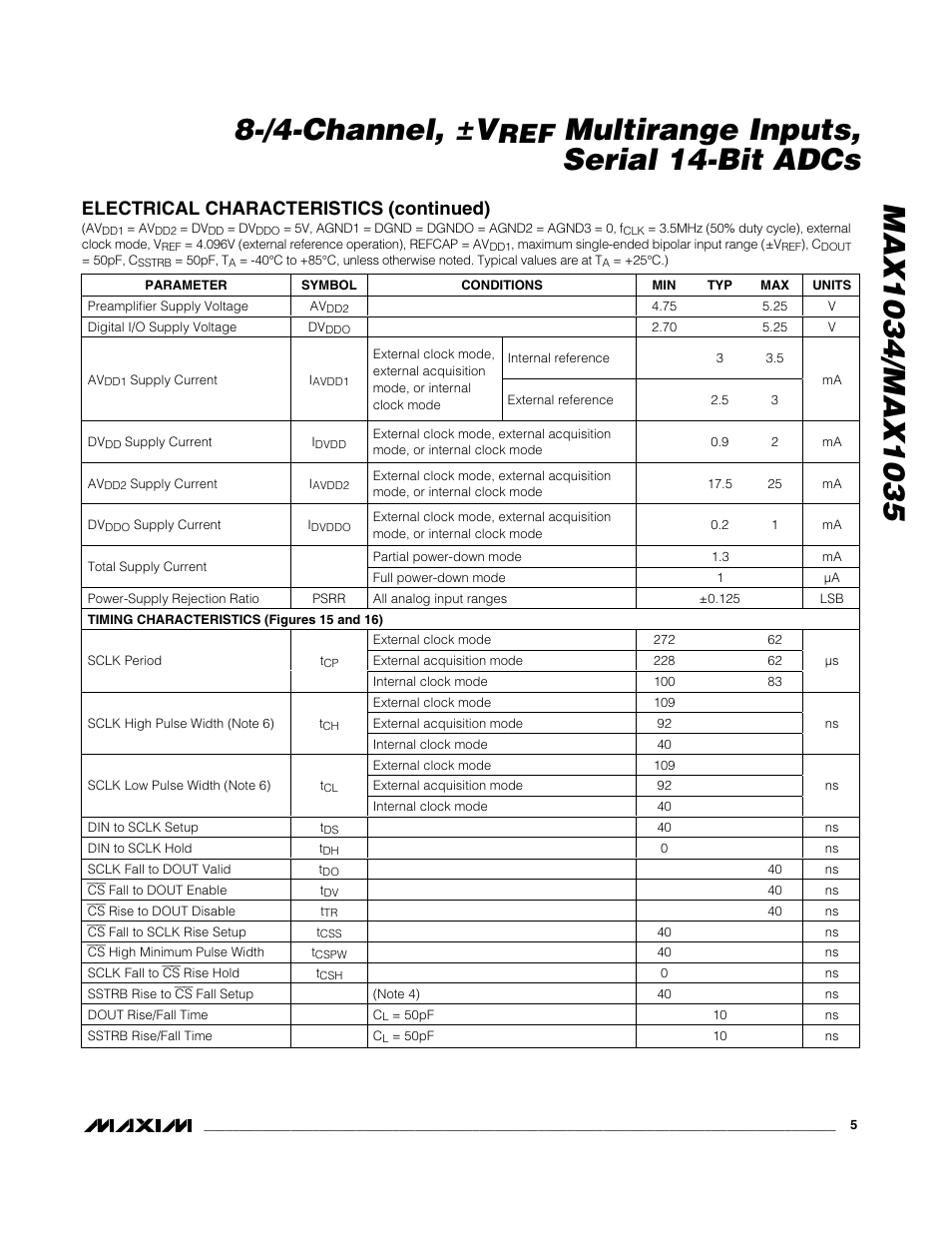 Multirange inputs, serial 14-bit adcs, Electrical characteristics (continued) | Rainbow Electronics MAX1035 User Manual | Page 5 / 31