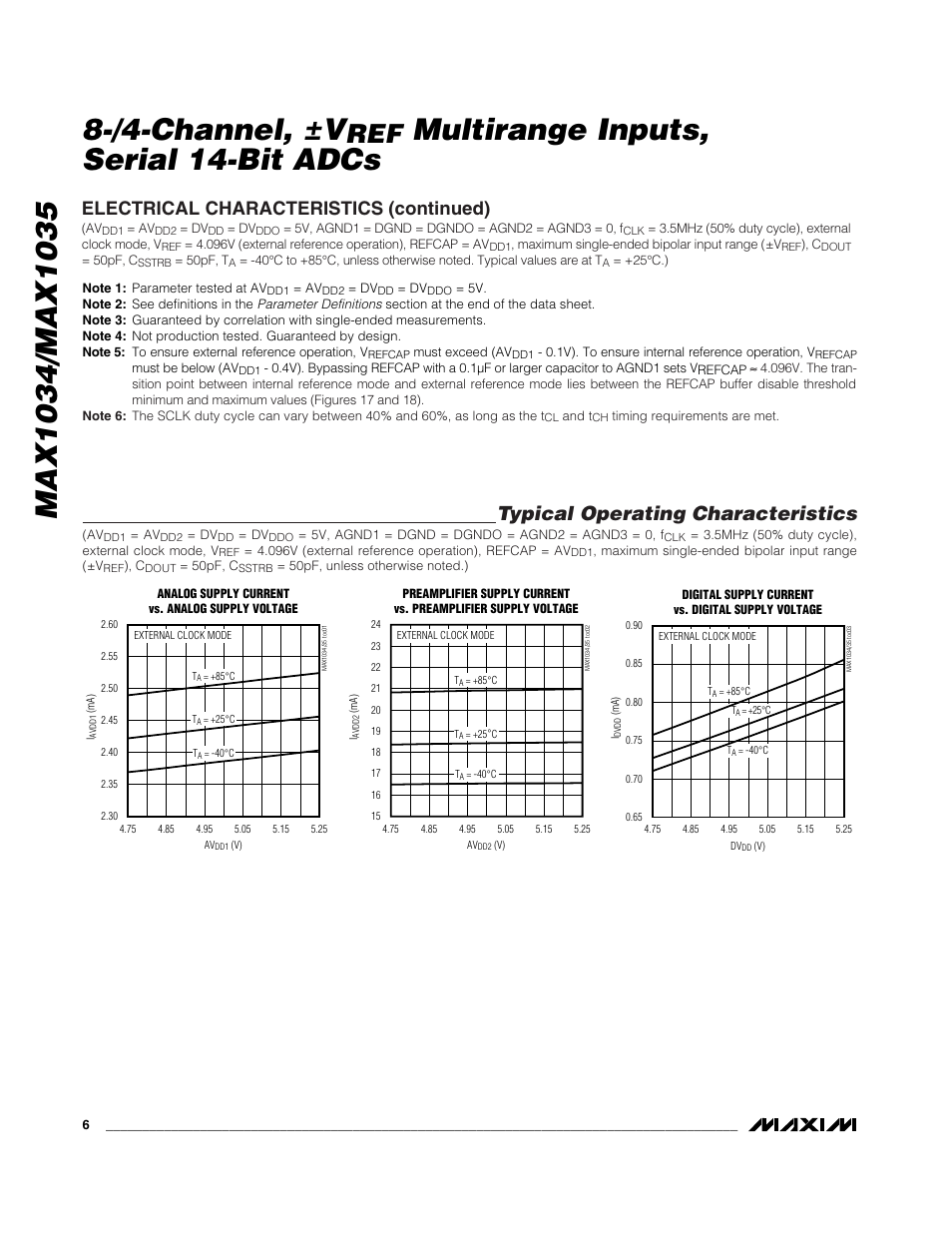 Multirange inputs, serial 14-bit adcs, Typical operating characteristics, Electrical characteristics (continued) | Rainbow Electronics MAX1035 User Manual | Page 6 / 31