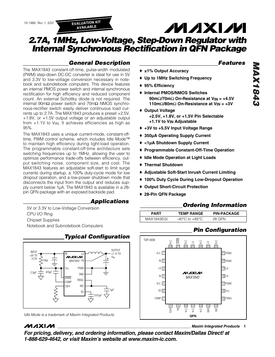 Rainbow Electronics MAX1843 User Manual | 13 pages