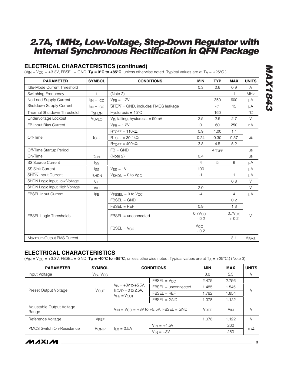 Electrical characteristics, Electrical characteristics (continued) | Rainbow Electronics MAX1843 User Manual | Page 3 / 13