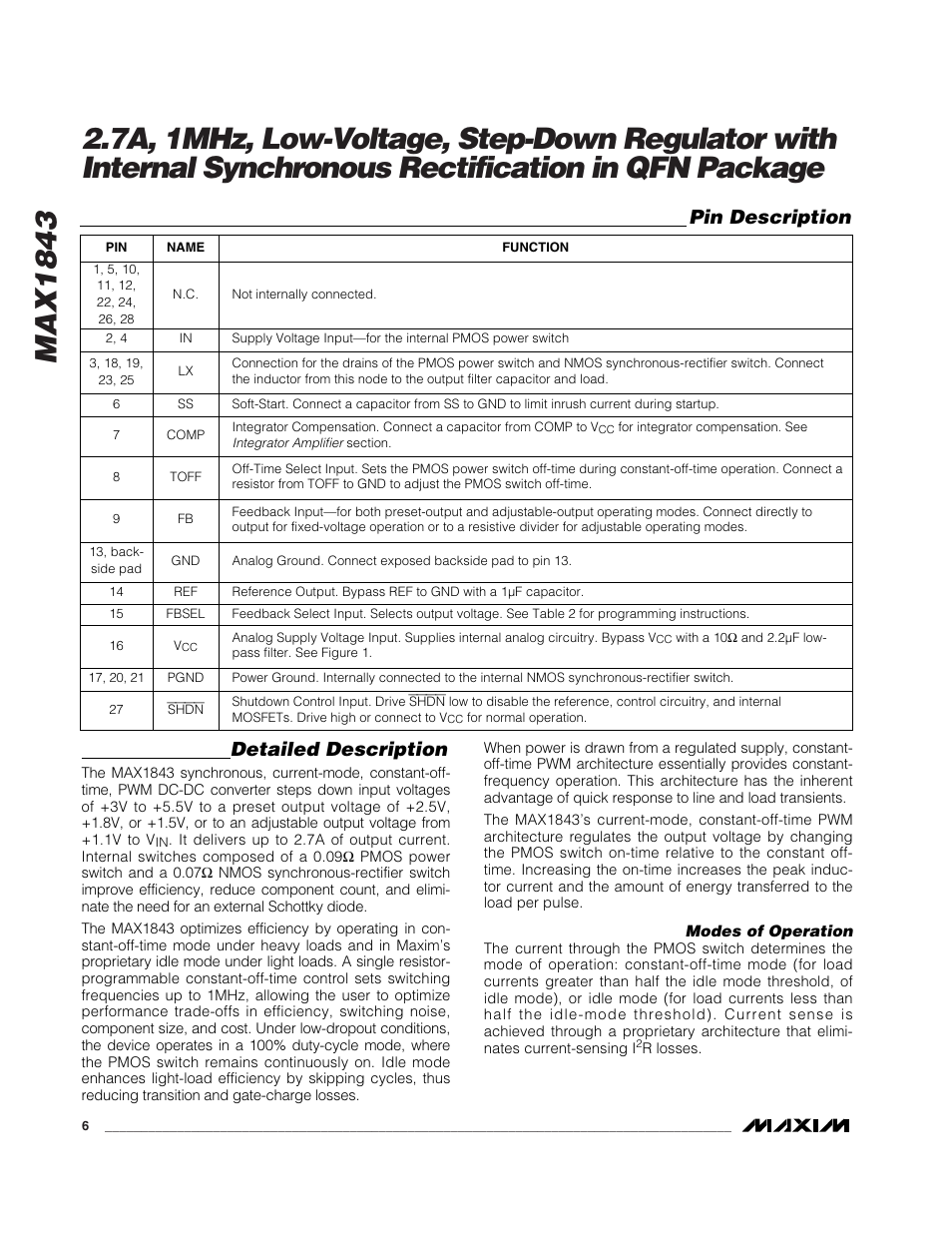 Detailed description, Pin description | Rainbow Electronics MAX1843 User Manual | Page 6 / 13