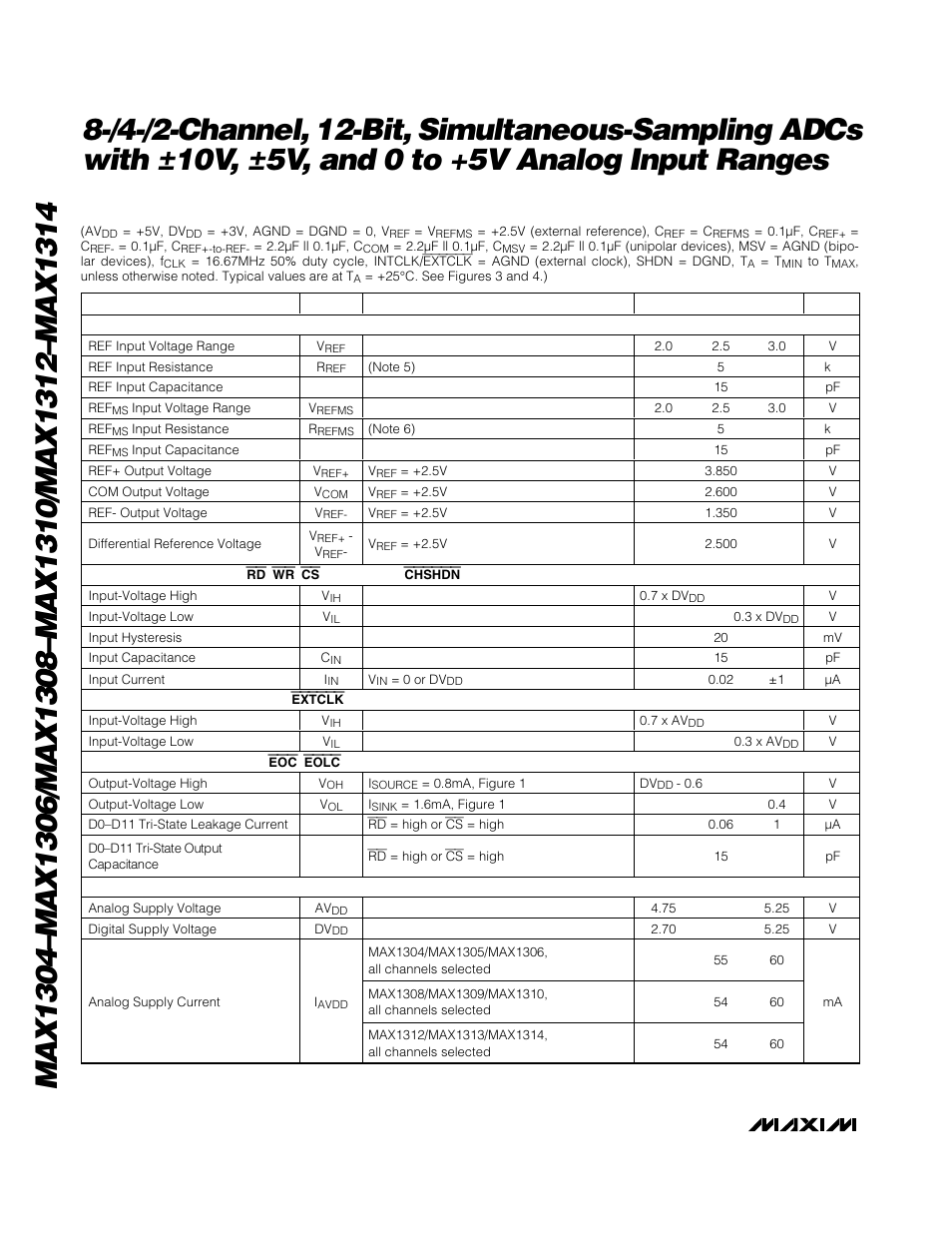 Electrical characteristics (continued) | Rainbow Electronics MAX1314 User Manual | Page 4 / 36