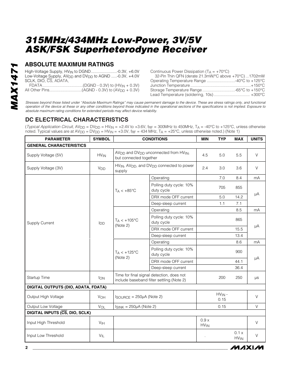 Absolute maximum ratings, Dc electrical characteristics | Rainbow Electronics MAX1471 User Manual | Page 2 / 26