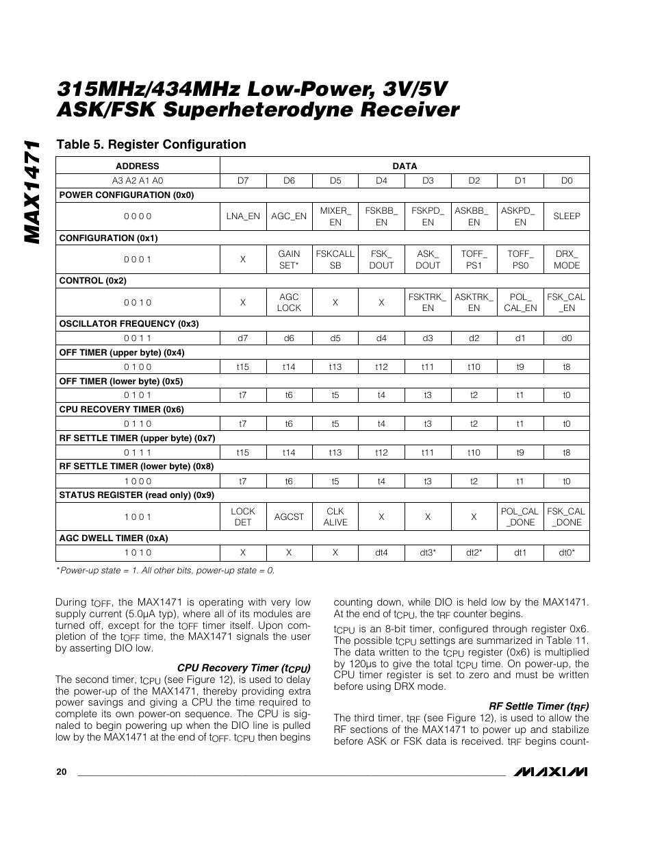 Max1471, Table 5. register configuration | Rainbow Electronics MAX1471 User Manual | Page 20 / 26